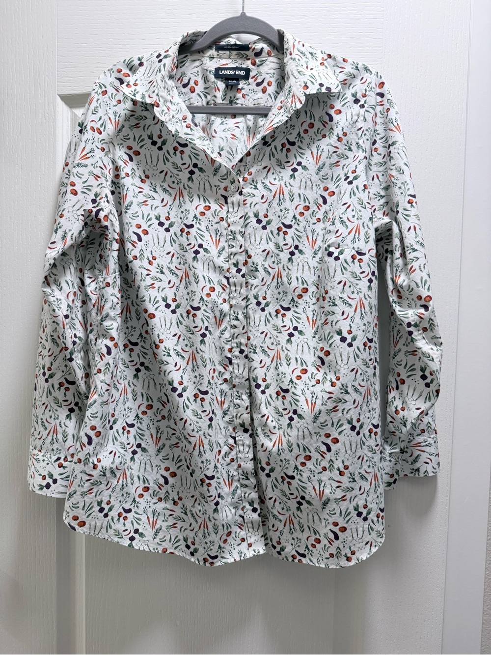 Lands' End White Garden Vegetable Print Button-Up